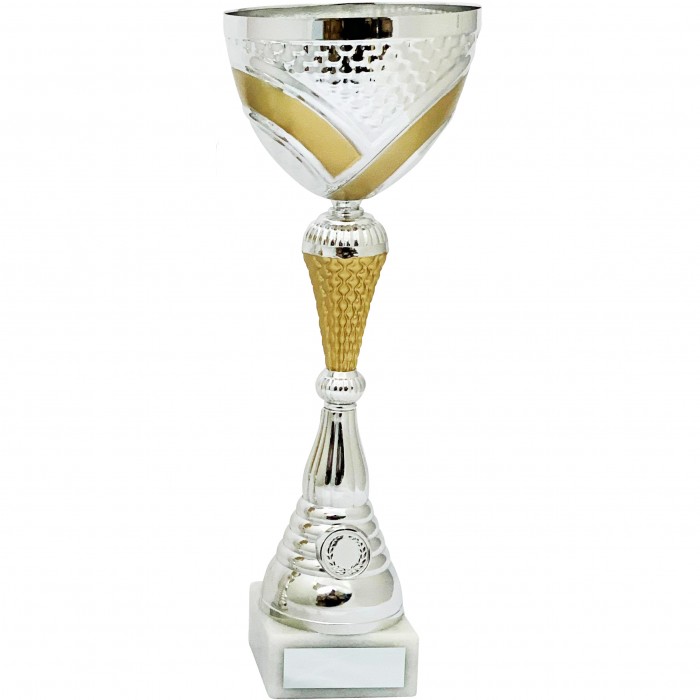 MATT GOLD AND SILVER METAL CUP ON SCULPTED RISER AVAILABLE IN 4 SIZES